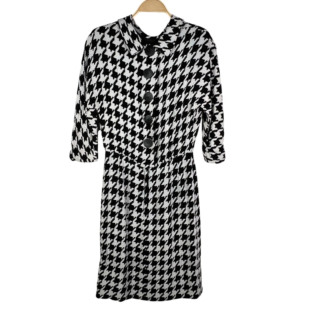 Georgia Bullock Woolf Brothers Dress Womens Black White Houndstooth Vintage